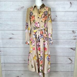 Aratta Beige Ombre Floral Long Sleeve Dress Button Front Velvet Collar Sz S